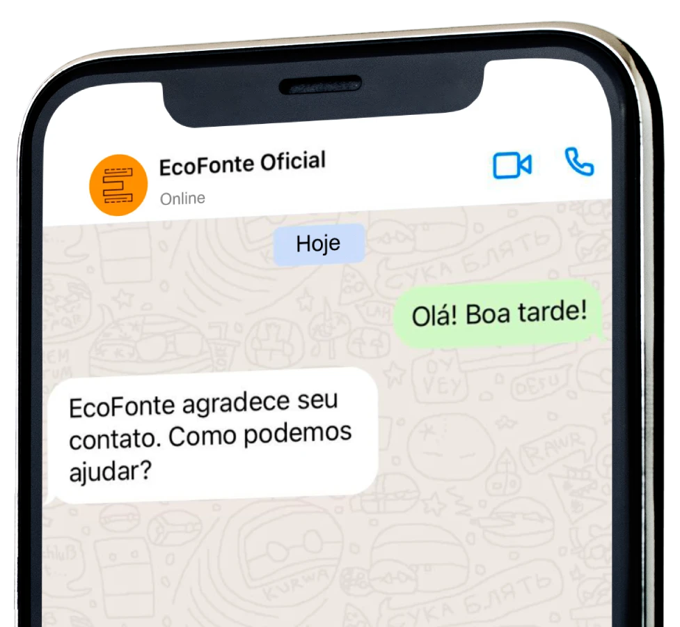Ilustração do WhatsApp da EcoFonte: alguém envia "Boa tarde", e o contato da EcoFonte responde: "EcoFonte agradece seu contato. Como podemos ajudar?"